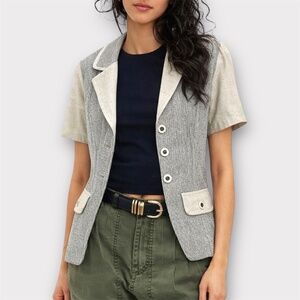 Vintage Mixed Media Jacket Black Cream Textured Weave S/M